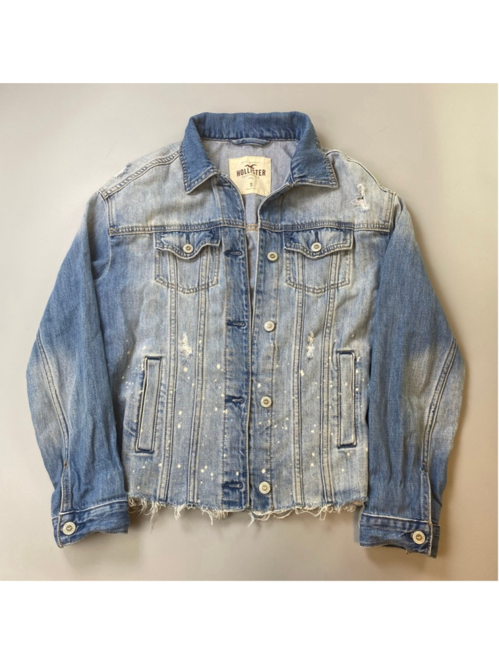 Hollister Jean Jacket Womens Small Blue Distressed Paint Splatter Grunge SoCal